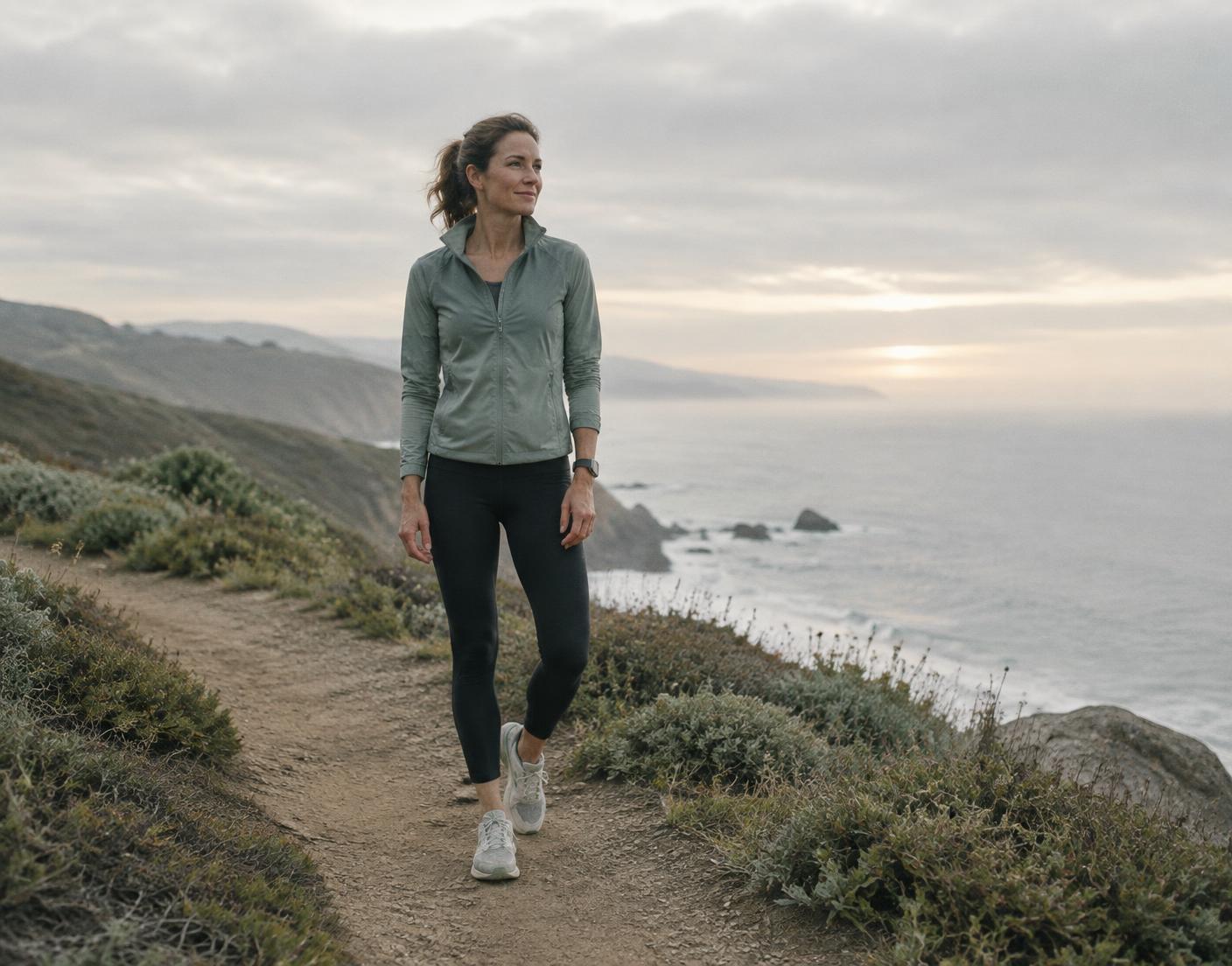A woman walking calmly and confidently along a coastal trail